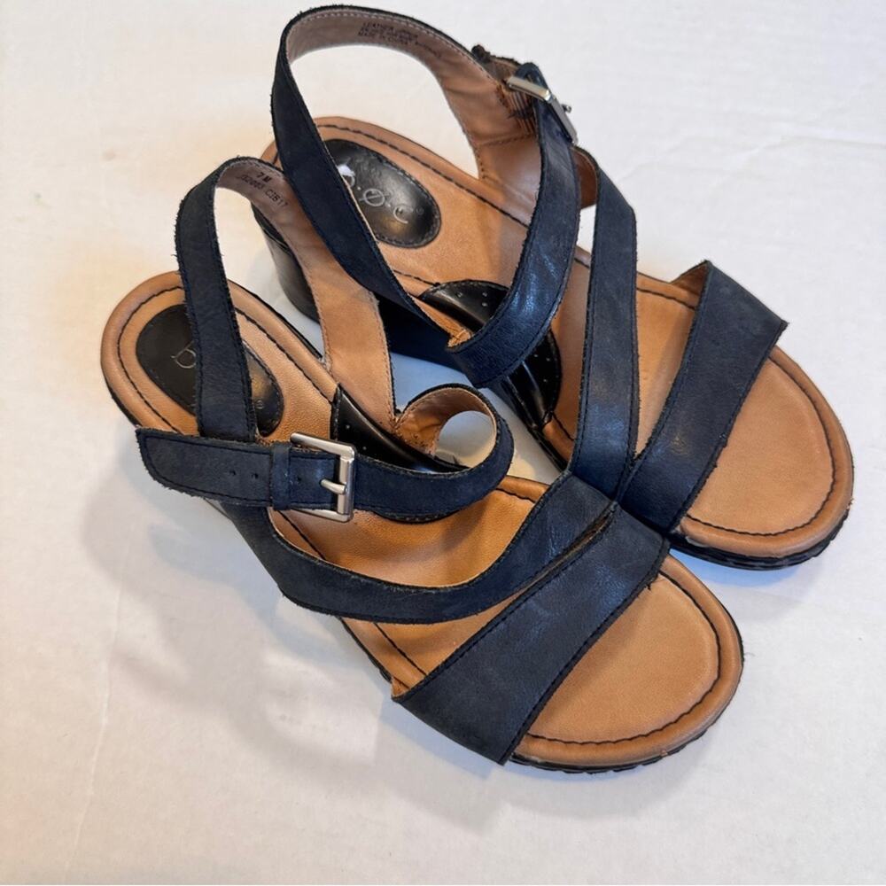 BOC Black Leather Strappy Wedge Sandals Womens 7 Comfort Shoes Beachy Summer - Picture 2 of 11